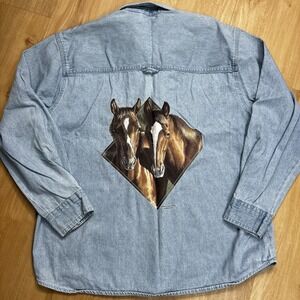 Vintage Women's XL Denim Button Up Shirt Horse Graphic Western